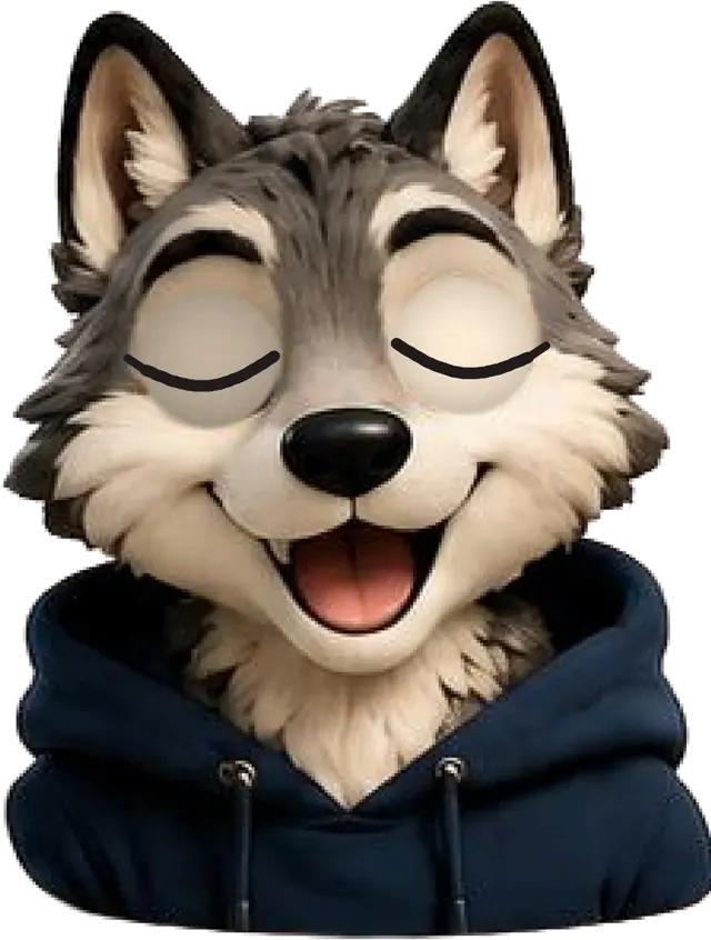 Luna the wolf laughing with her eyes closed