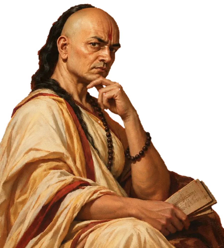 Painted portrait of Chanakya, chin resting on his hand, holding a palm-leaf manuscript